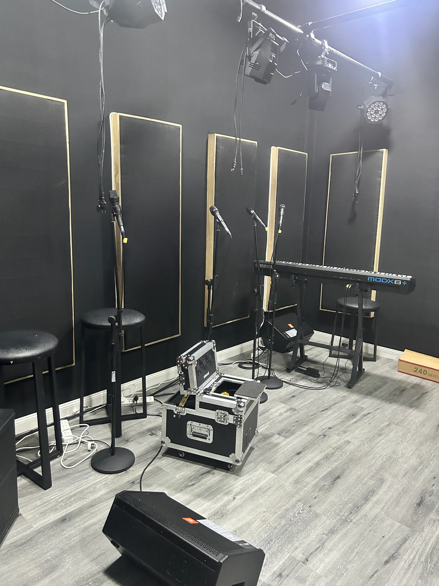 Keyboard and microphones inside the ROJ music studio