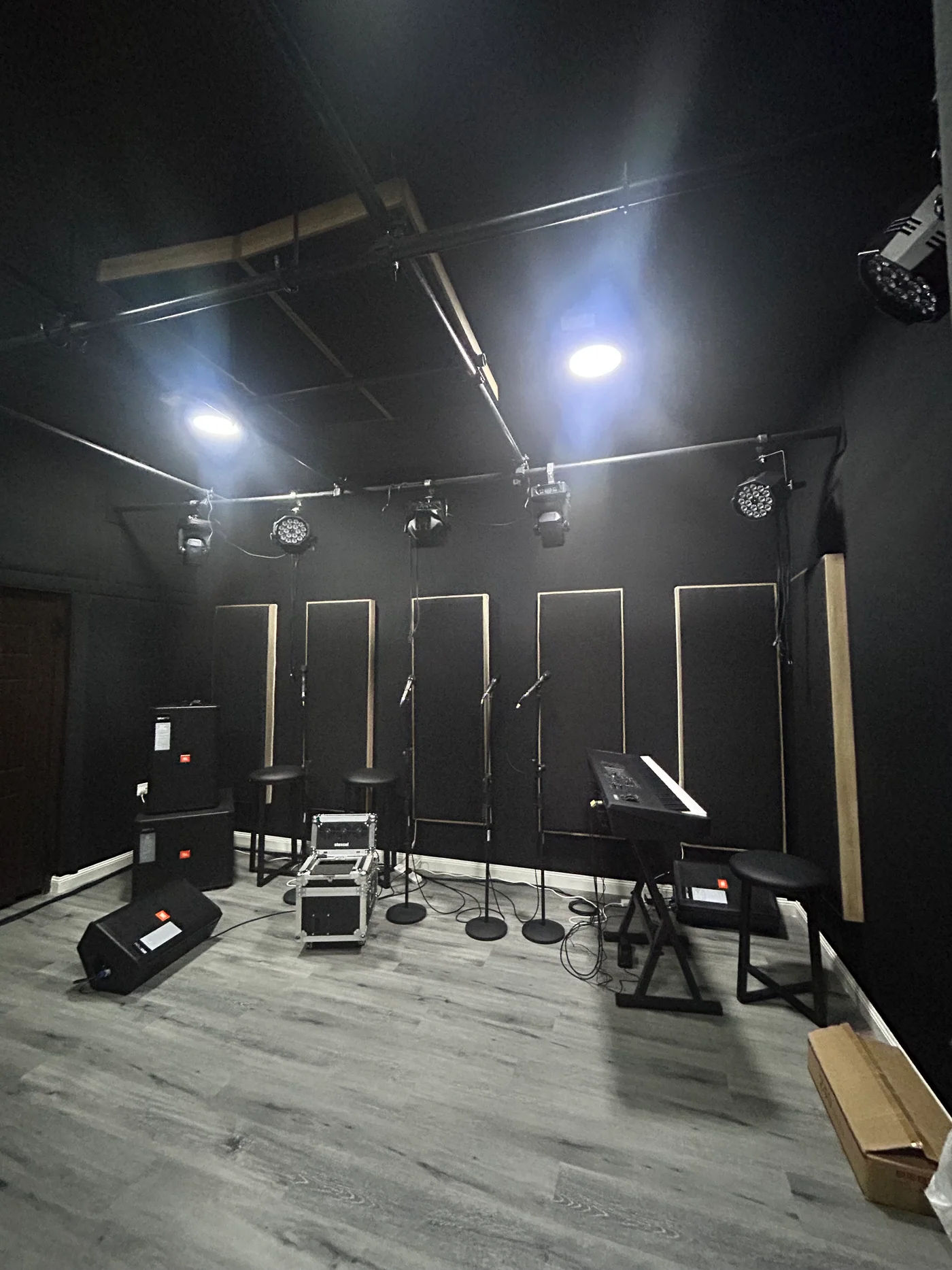 ROJ’s recording room with acoustic panels, microphones and lighting